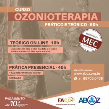 Curso em Ozonioterapia 50 horas - Aulas Teóricas e Práticas - dias 18 a 21 de fevereiro de 2021