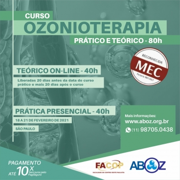 Curso em Ozonioterapia 80 horas - Aulas Teóricas on-line e Práticas presencial dias 18 a 21 de fevereiro de 2021