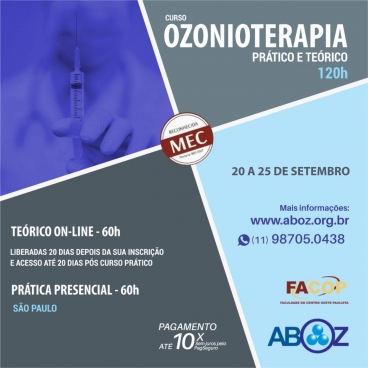 Curso em Ozonioterapia 120 horas - Aulas Teóricas on-line e Práticas presencial de 20 a 25 de setembro 2021