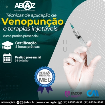 Curso de Técnicas para Aplicação de Venopunção e Terapias Injetáveis dia 24 de julho de 2022