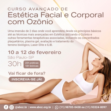 PROMOÇÃO CARNAVAL 15% DESCONTO - Curso Avançado de Estética Corporal e  Facial com Ozônio de 10 a 12 de fevereiro 2023