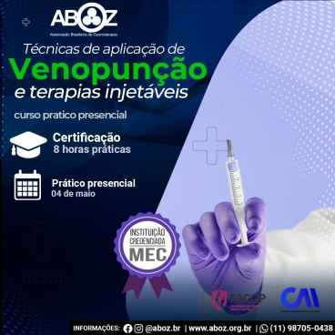 Curso Técnicas Aplicada de Venopunção e Terapias Injetáveis dia 04 de maio de 2024